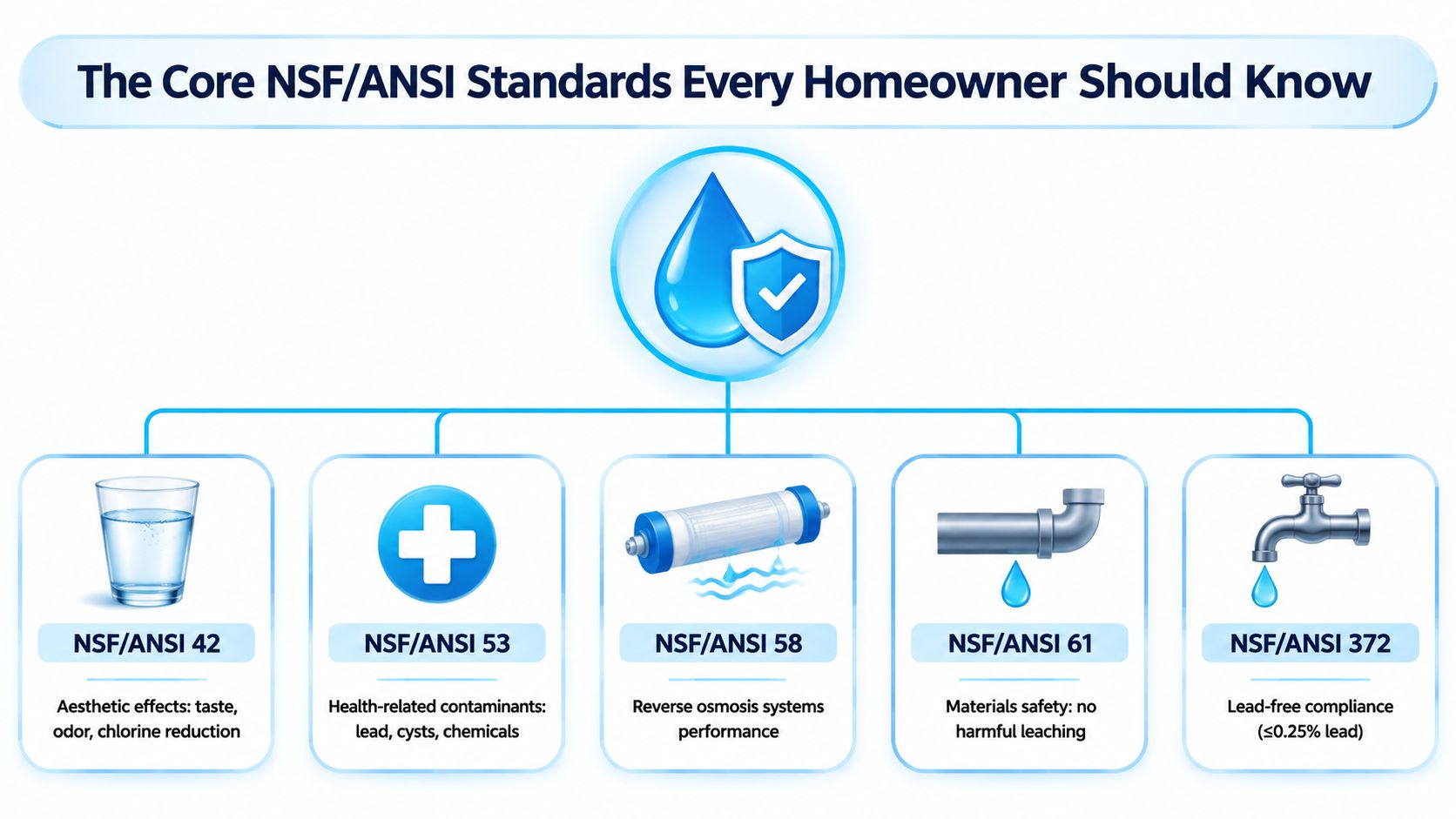 A visual guide illustrating the five core NSF/ANSI standards for residential water filtration systems and components.