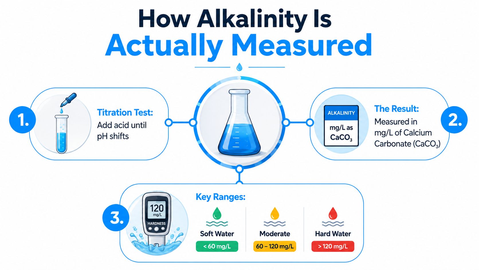 An infographic showing how to measure water alkalinity using titration, resulting in mg/L of calcium carbonate.