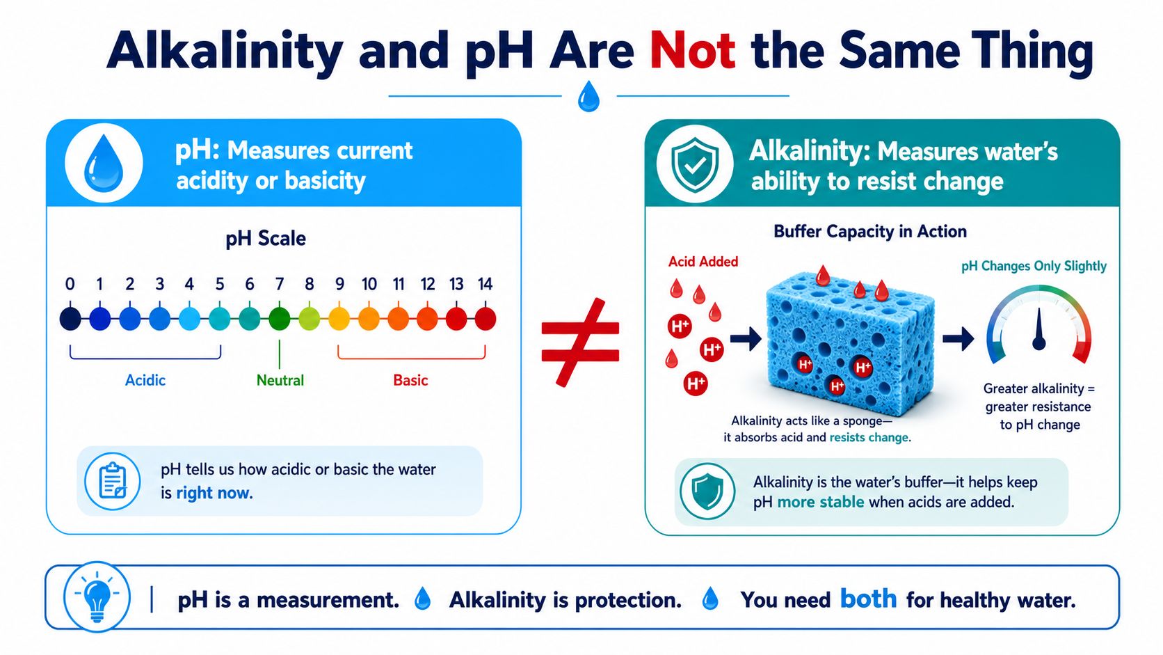 An infographic illustrating the difference between pH measurement and water alkalinity, highlighting their roles in water quality.
