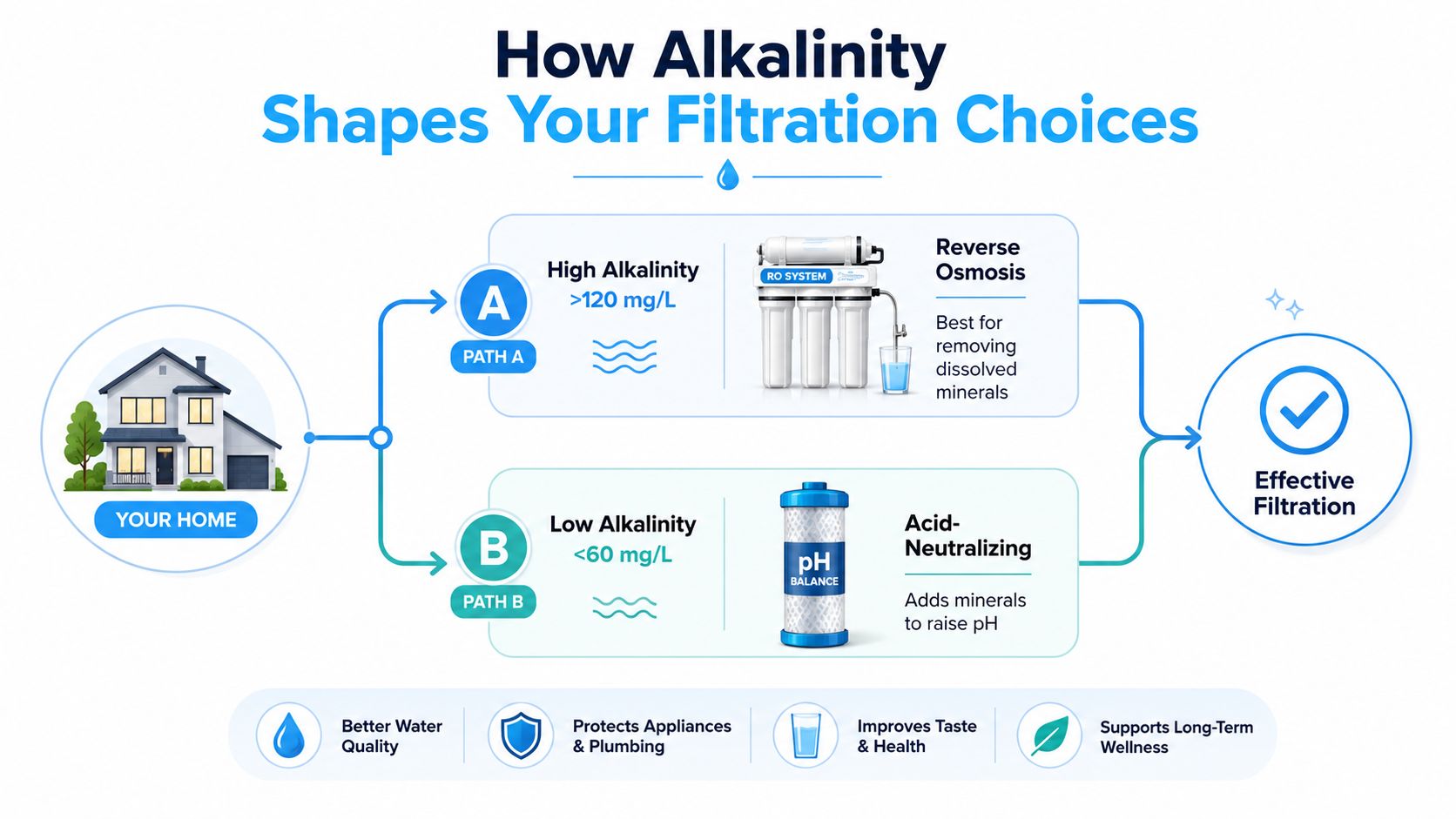 An infographic illustrating how alkalinity levels in your water home supply dictate the best filtration system choice.