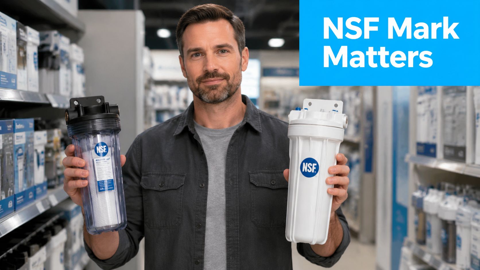 A man in a store holding two water filter housings, both featuring the official NSF certification mark.