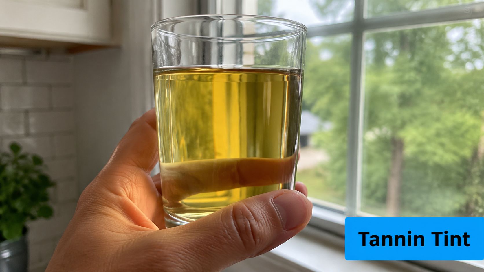 A hand holds a glass of yellow-tinted water against a bright window, illustrating tannin contamination.