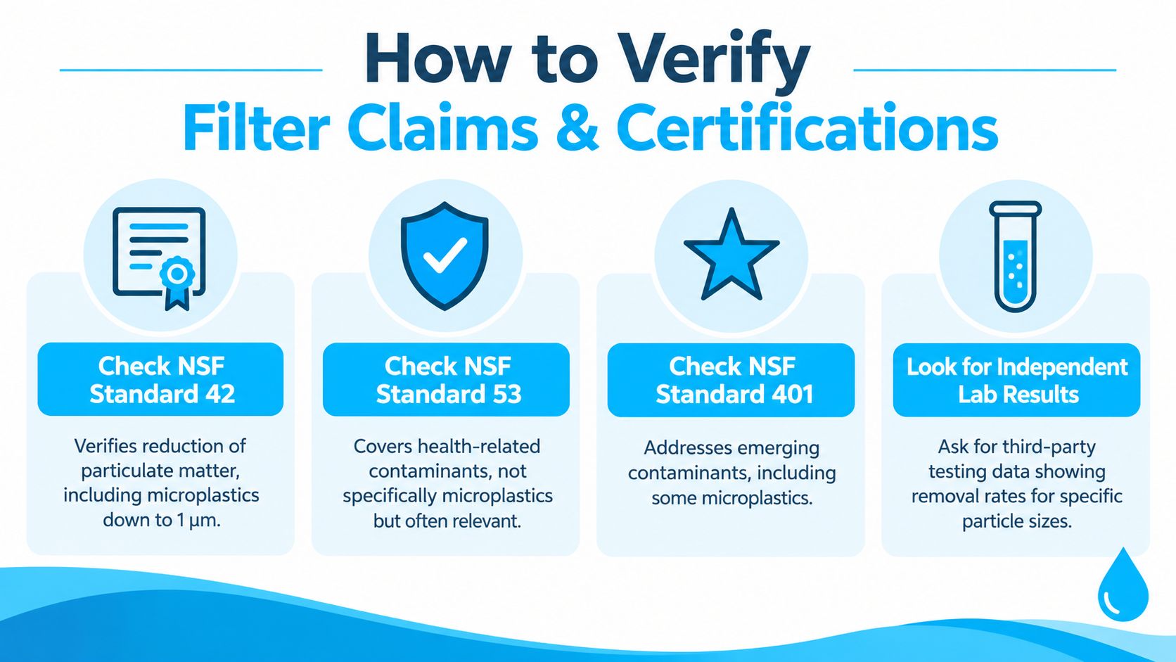 A visual guide explaining how to verify water filter claims and certifications regarding microplastic removal.