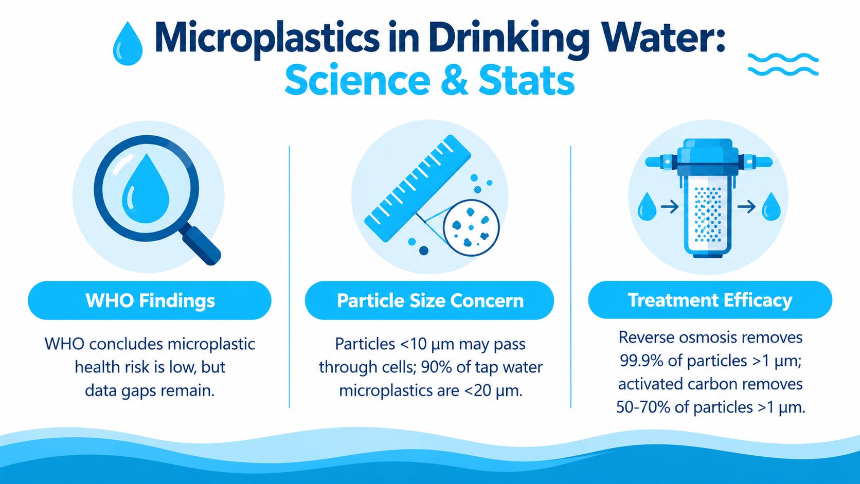 An infographic titled Microplastics in Drinking Water explaining WHO findings, particle size concerns, and water treatment efficacy statistics.