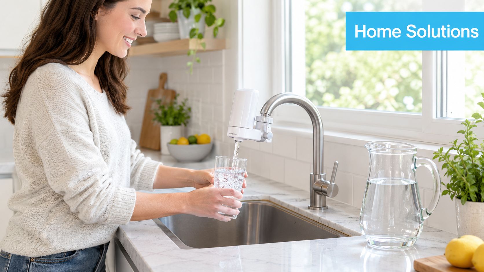 A smiling woman fills a glass of clean water from a kitchen faucet equipped with a water filter.