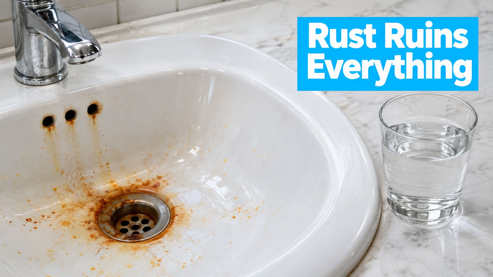 A stained bathroom sink with rust deposits alongside a glass of clear water on a marble countertop.