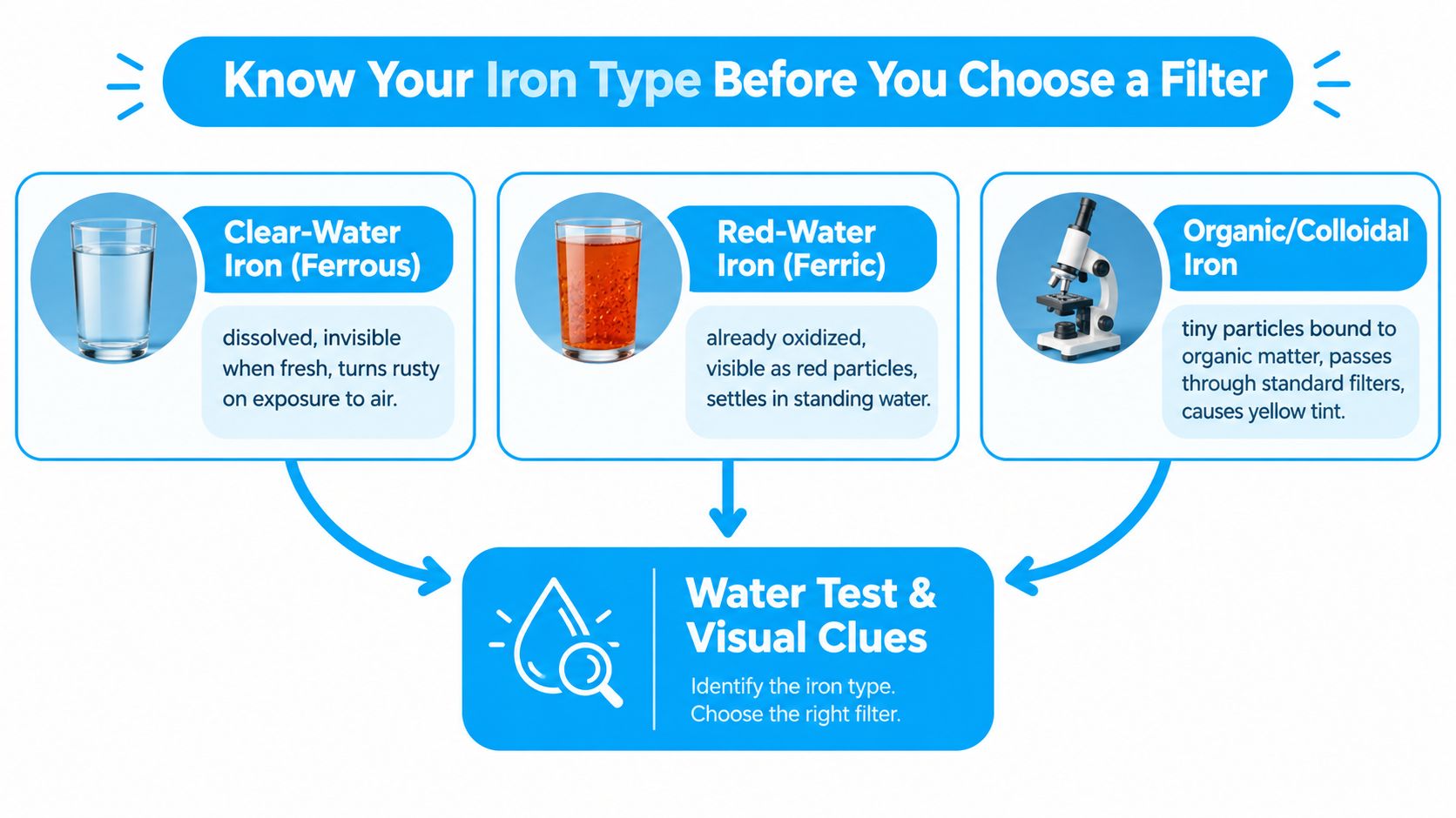 An infographic titled Know Your Iron Type Before You Choose a Filter showing three iron types.