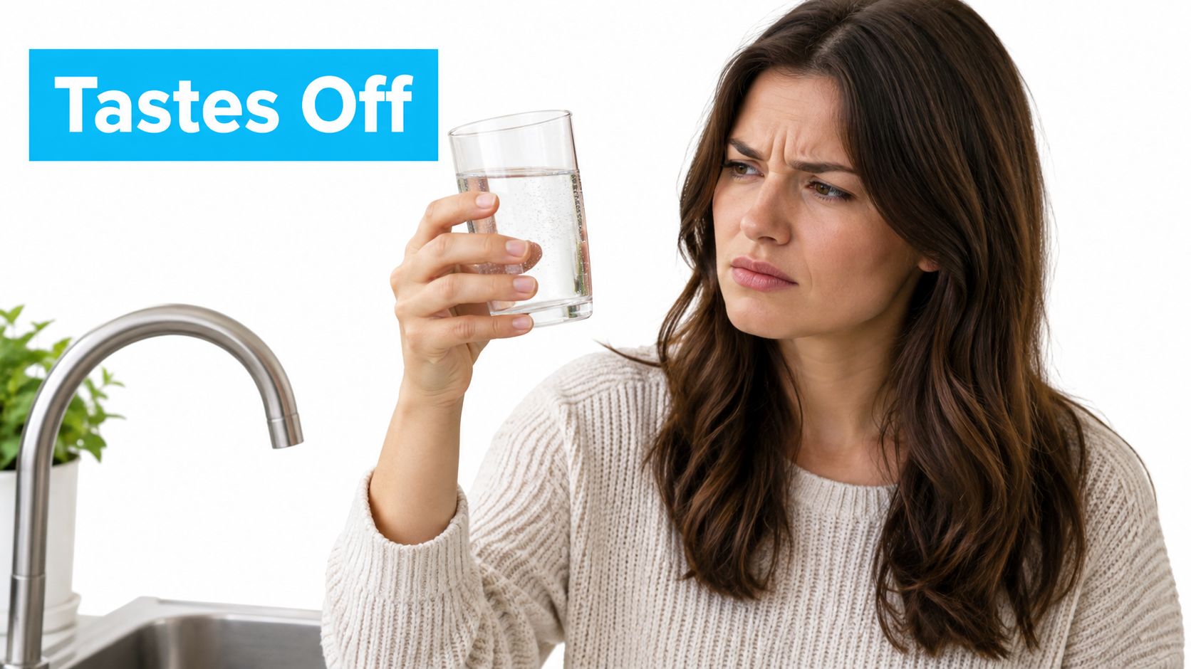 A concerned woman inspects a glass of water, highlighting potential concerns with tap water quality and taste.