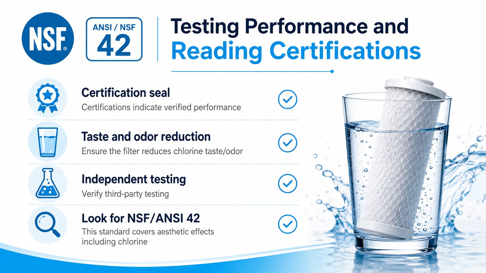 An infographic explaining the NSF/ANSI 42 certification standard for water filters, focusing on chlorine reduction and testing.