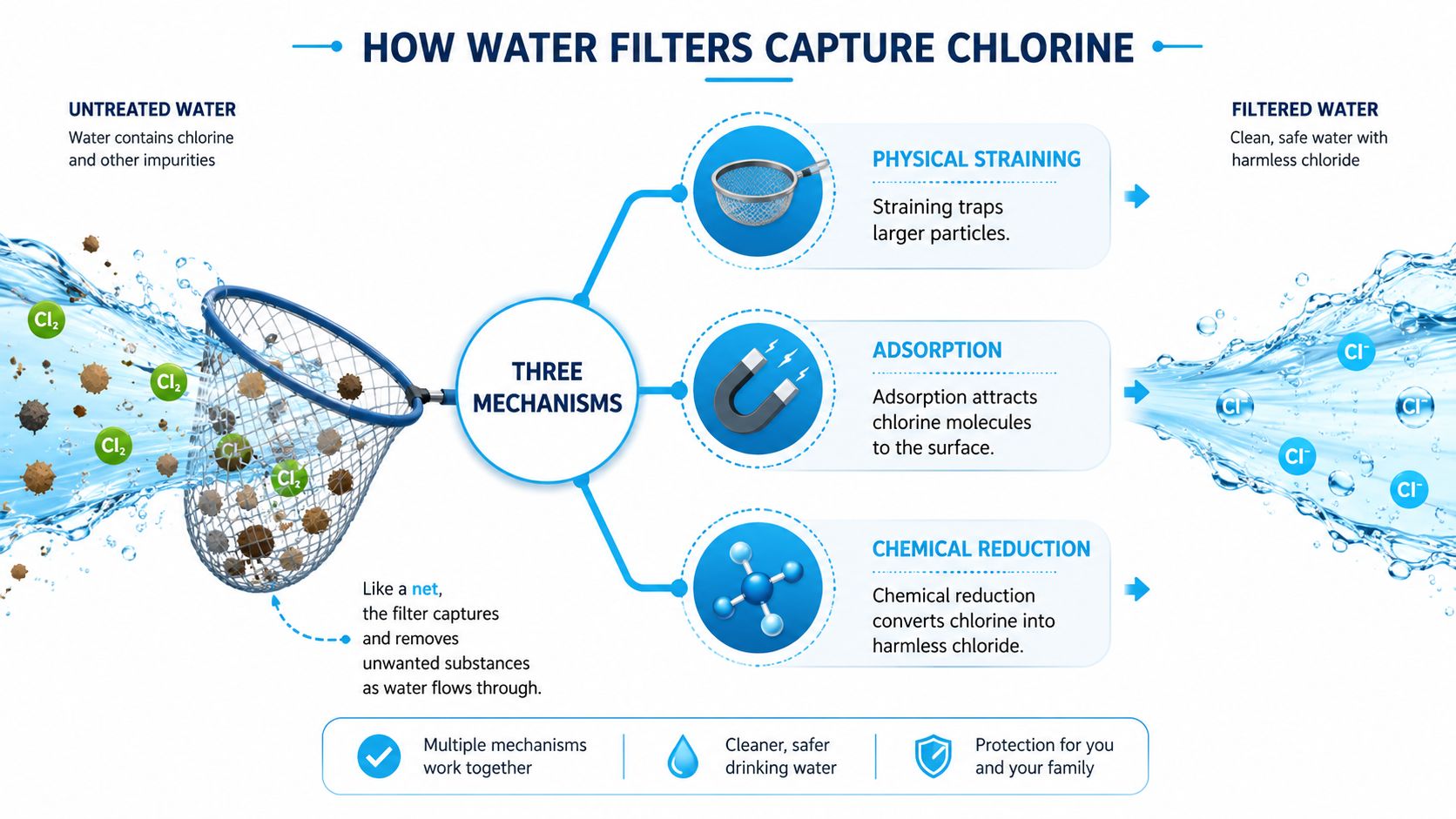 A diagram explaining three mechanisms including physical straining, adsorption, and chemical reduction used to remove chlorine from water.