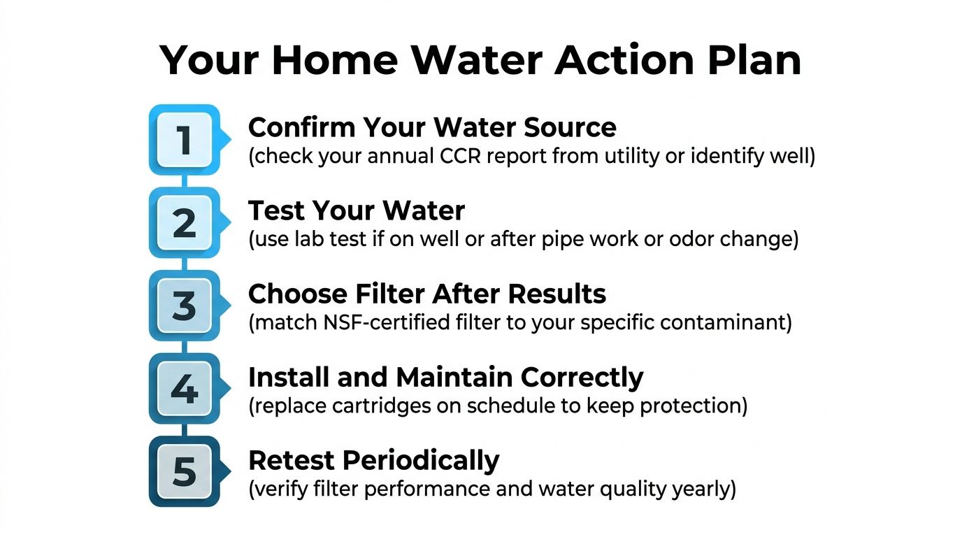 A five-step guide labeled Your Home Water Action Plan for identifying, testing, and filtering home drinking water.