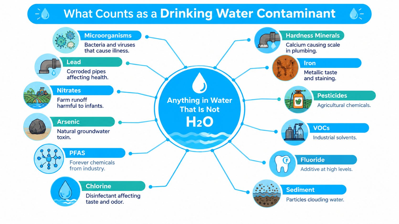 An infographic showing various substances that count as drinking water contaminants, such as lead, pesticides, and PFAS.