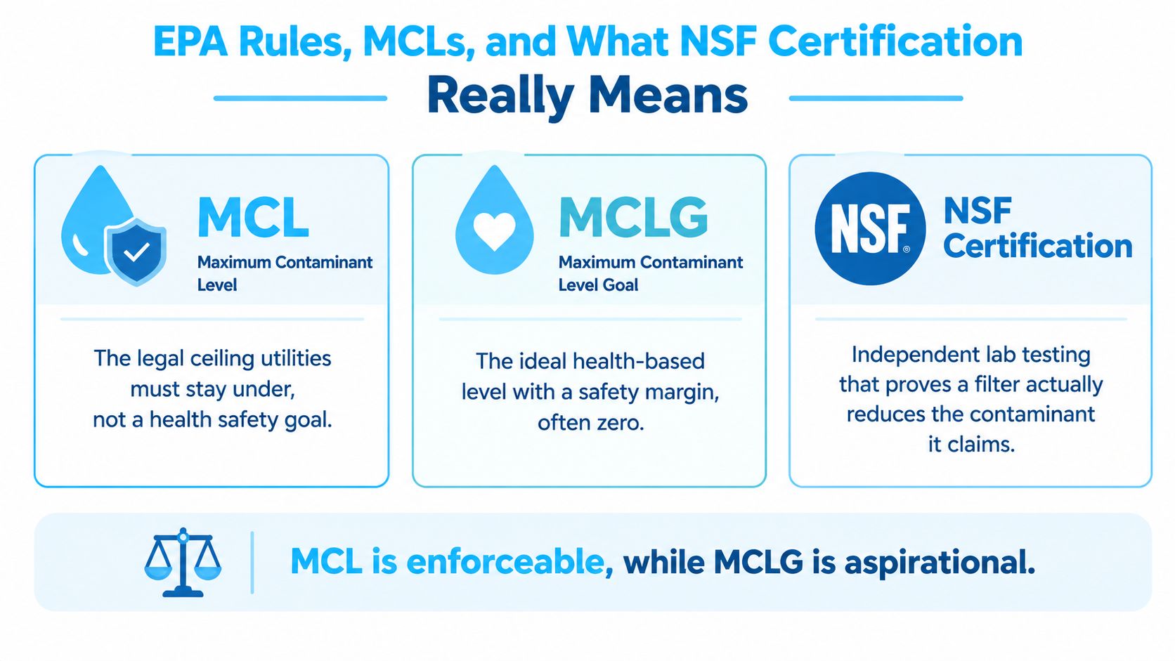 An infographic explaining EPA Rules, MCLs, MCLGs, and NSF certification for water quality standards.