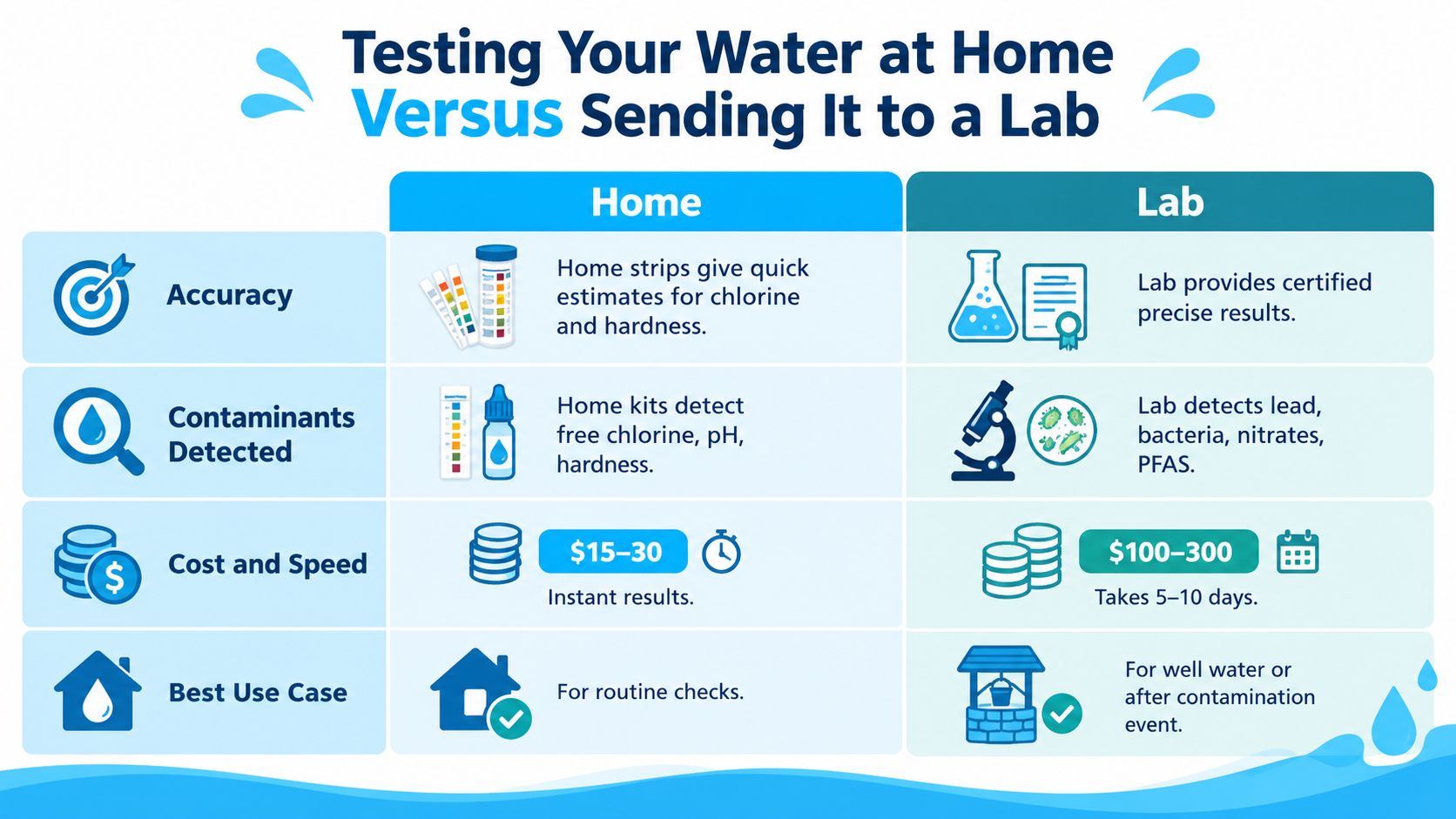 A comparison chart showing the differences between home water testing kits and professional laboratory water testing services.