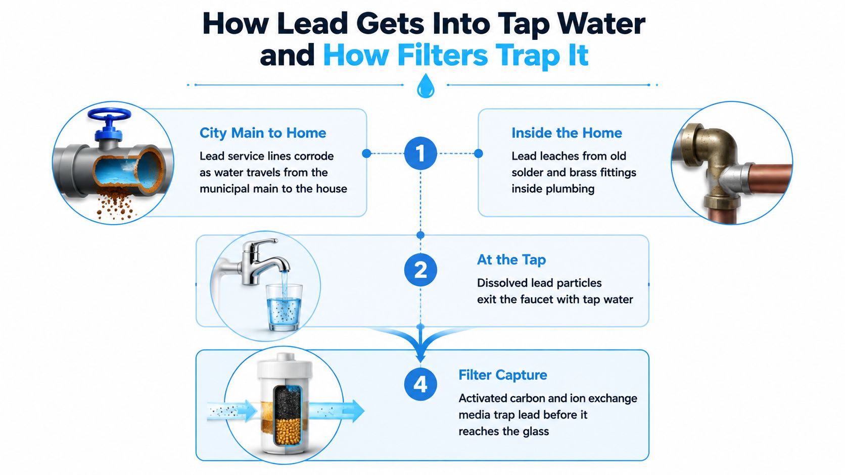 An infographic illustrating how lead enters tap water through plumbing and is removed by water filtration systems.