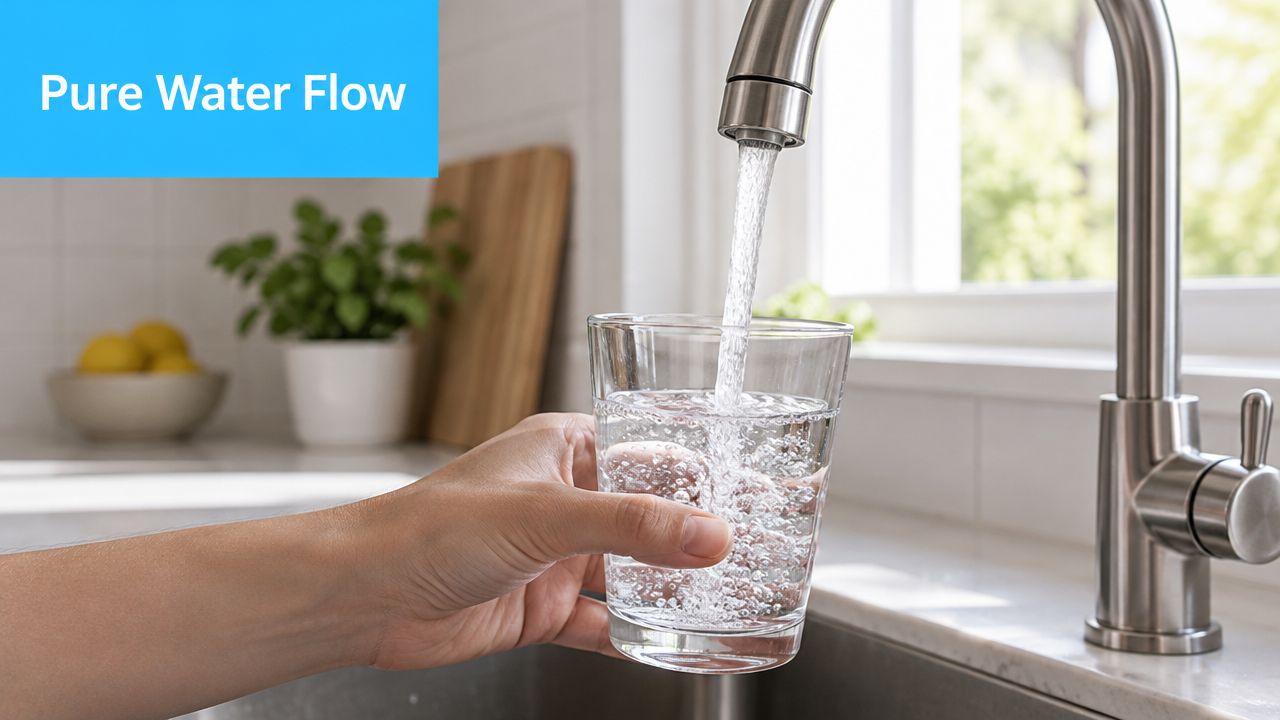 A hand holding a clear glass under a kitchen faucet to fill it with clean water.