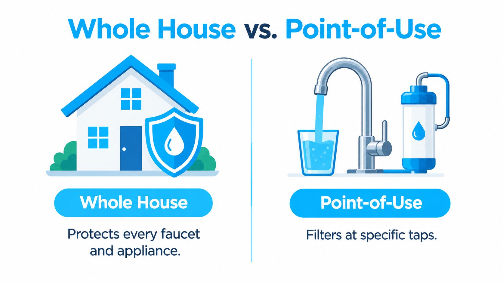 An infographic comparing a whole house water filtration system to a point-of-use water filter system.