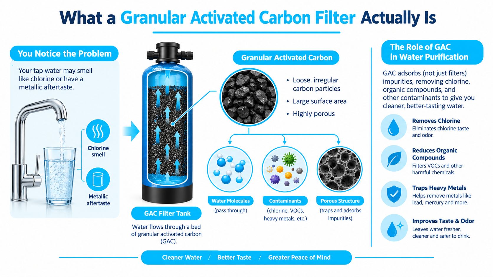 A diagram explaining how a granular activated carbon filter purifies tap water by removing contaminants and odors.