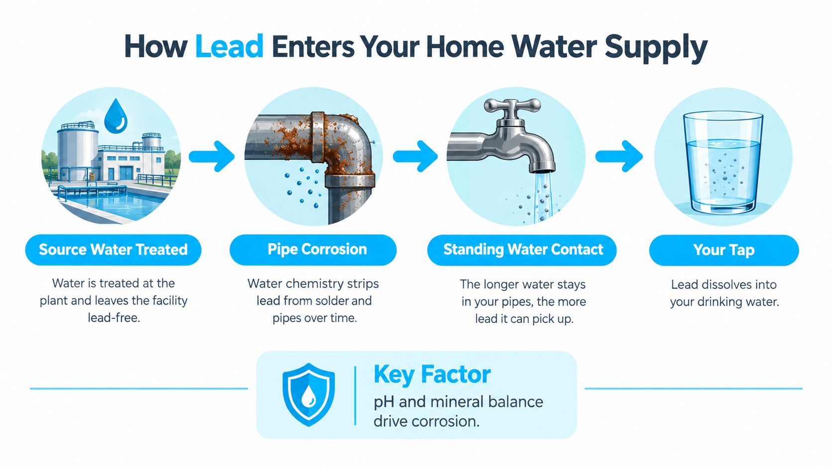 A diagram illustrating how lead enters household drinking water through pipe corrosion and standing water contact.