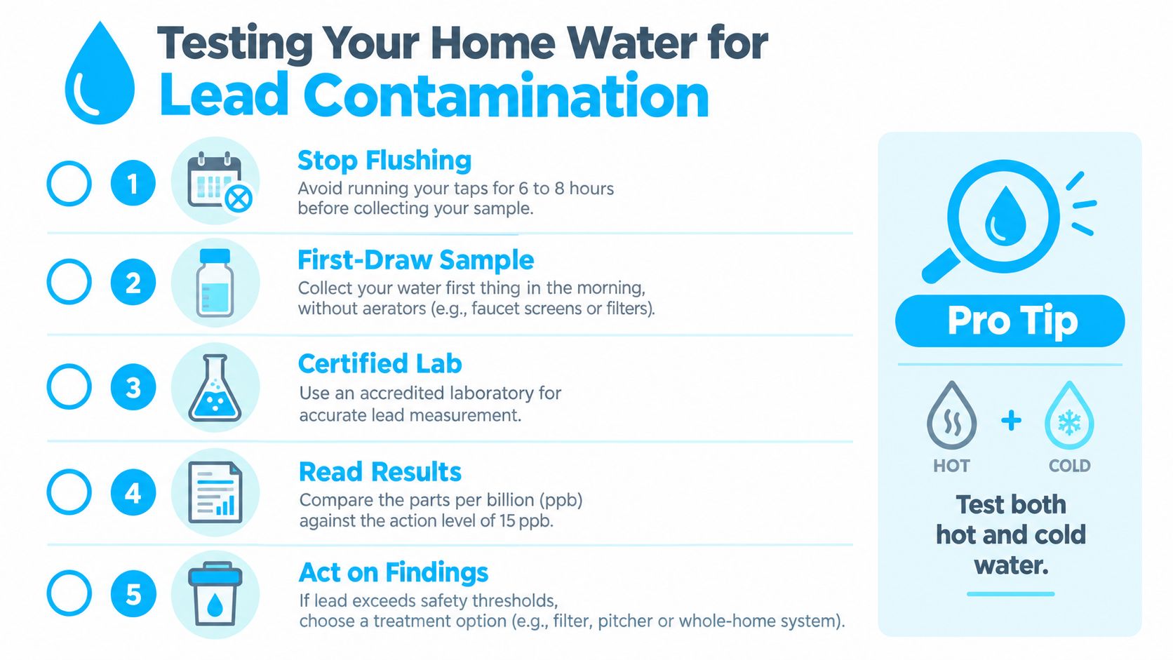 An infographic showing a five-step process for testing residential tap water for potential lead contamination.