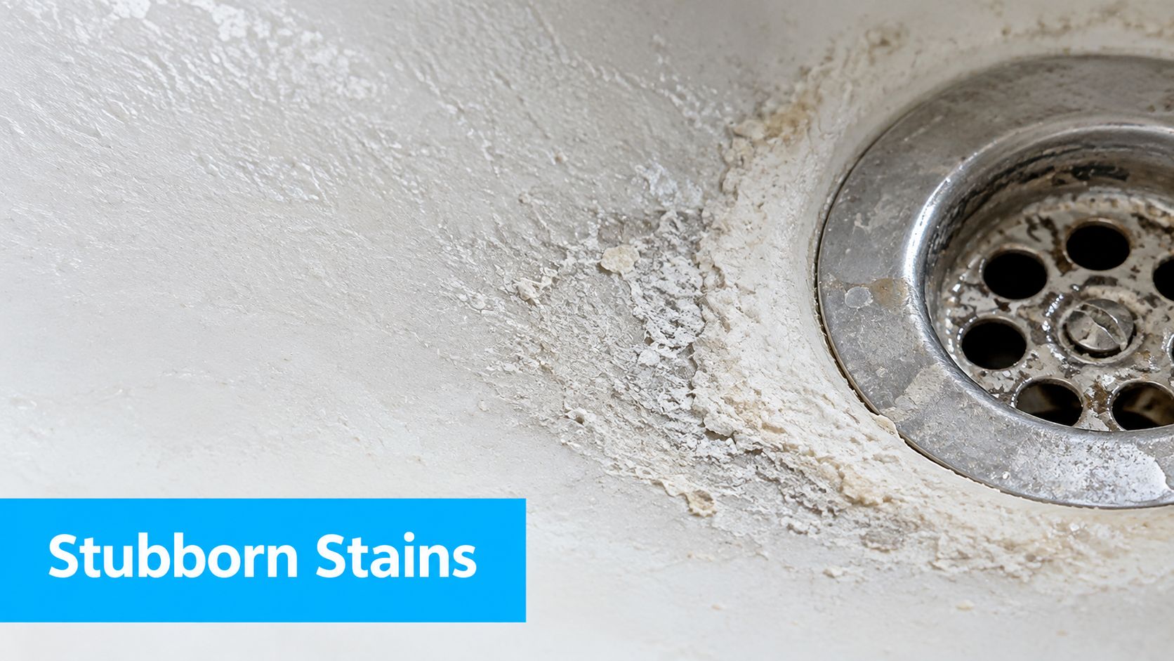 Close-up of a bathroom sink drain covered in white, crusty hard water mineral deposits and stains.