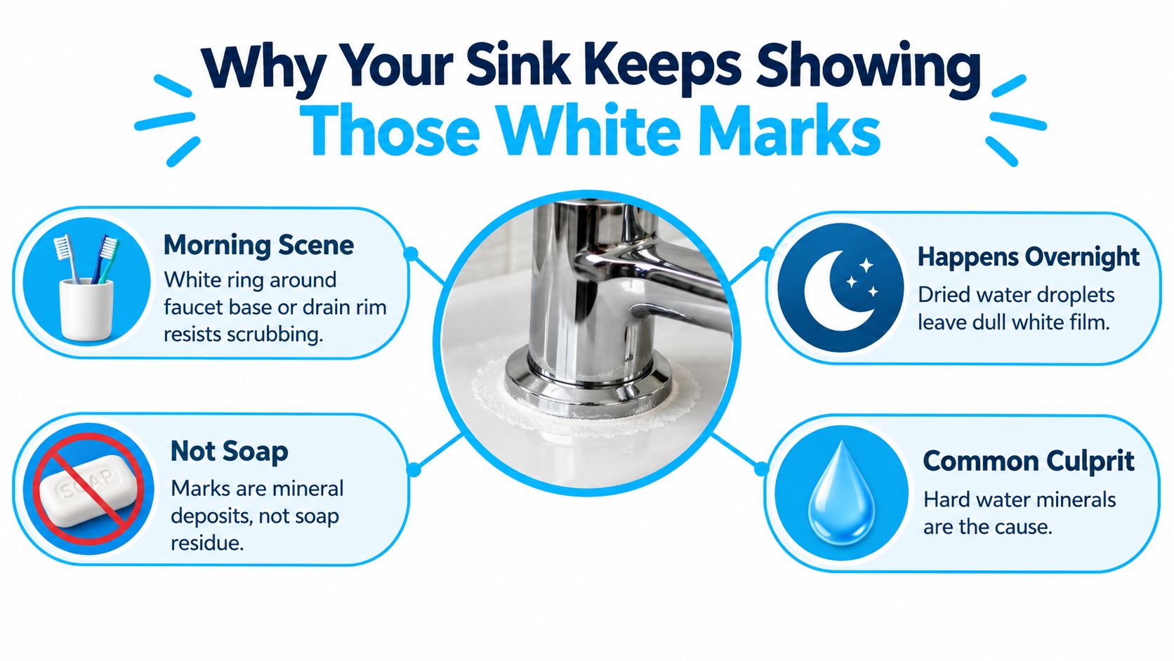 An infographic explaining that white marks on sink faucets are caused by mineral deposits from hard water.