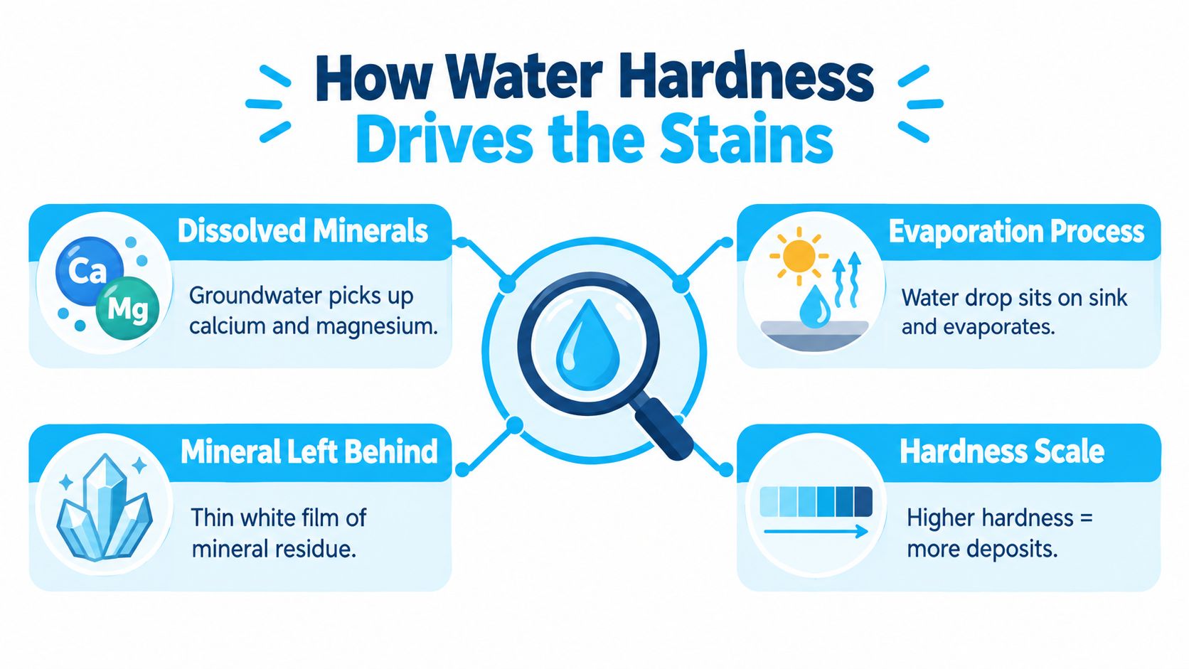 A diagram explaining how hard water minerals cause mineral residue stains on surfaces through evaporation.