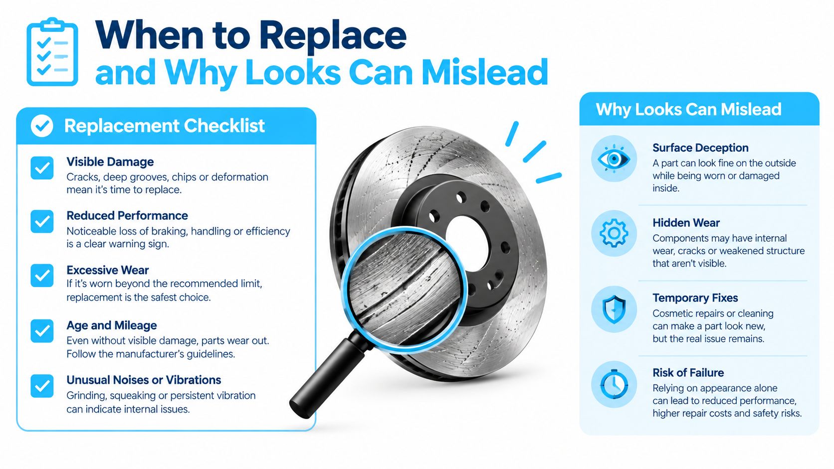 An infographic titled When to Replace and Why Looks Can Mislead, featuring brake replacement guidelines and warnings.