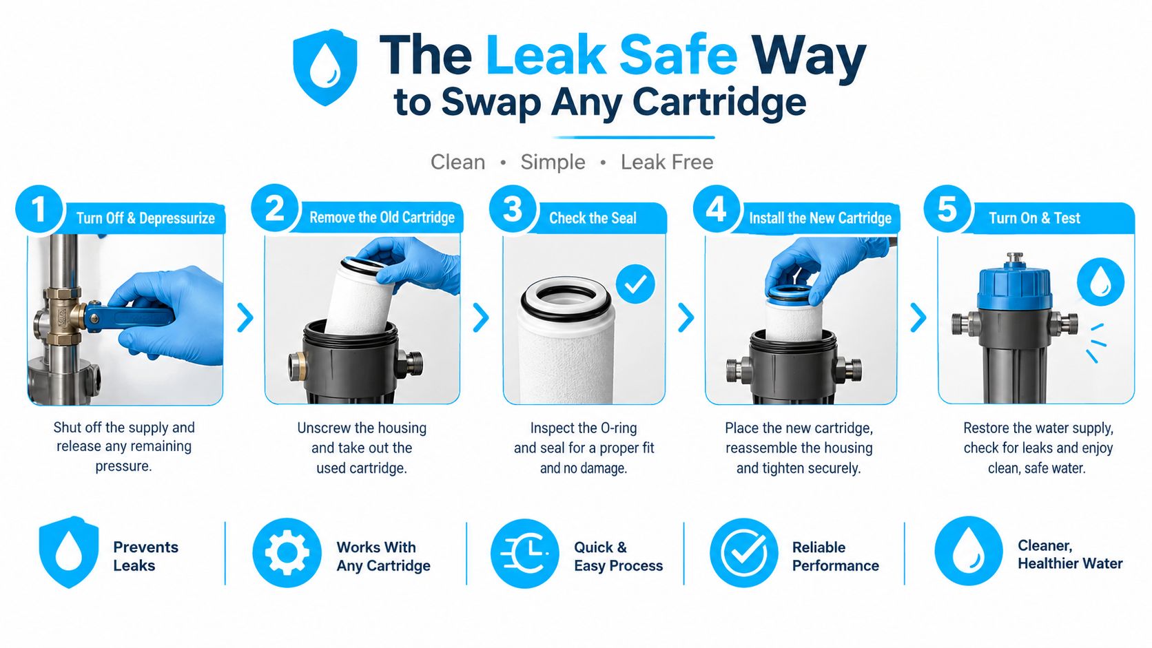 A step-by-step infographic showing how to safely replace a water filter cartridge in five simple steps.