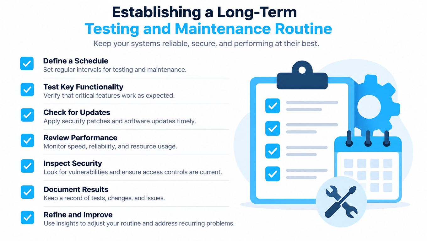An infographic detailing a seven-step long-term testing and maintenance routine for maintaining reliable and secure systems.