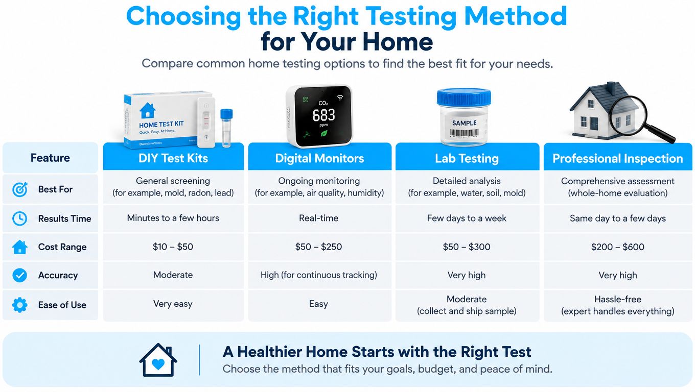 A comparison table outlining features like cost, accuracy, and ease of use for various home testing methods.