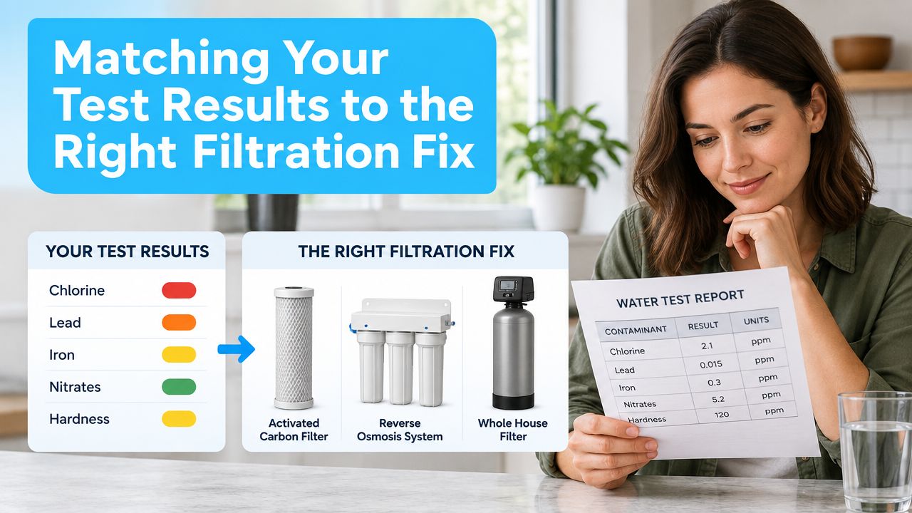 A woman reviewing a water test report while looking at a chart matching filtration systems to contaminants.