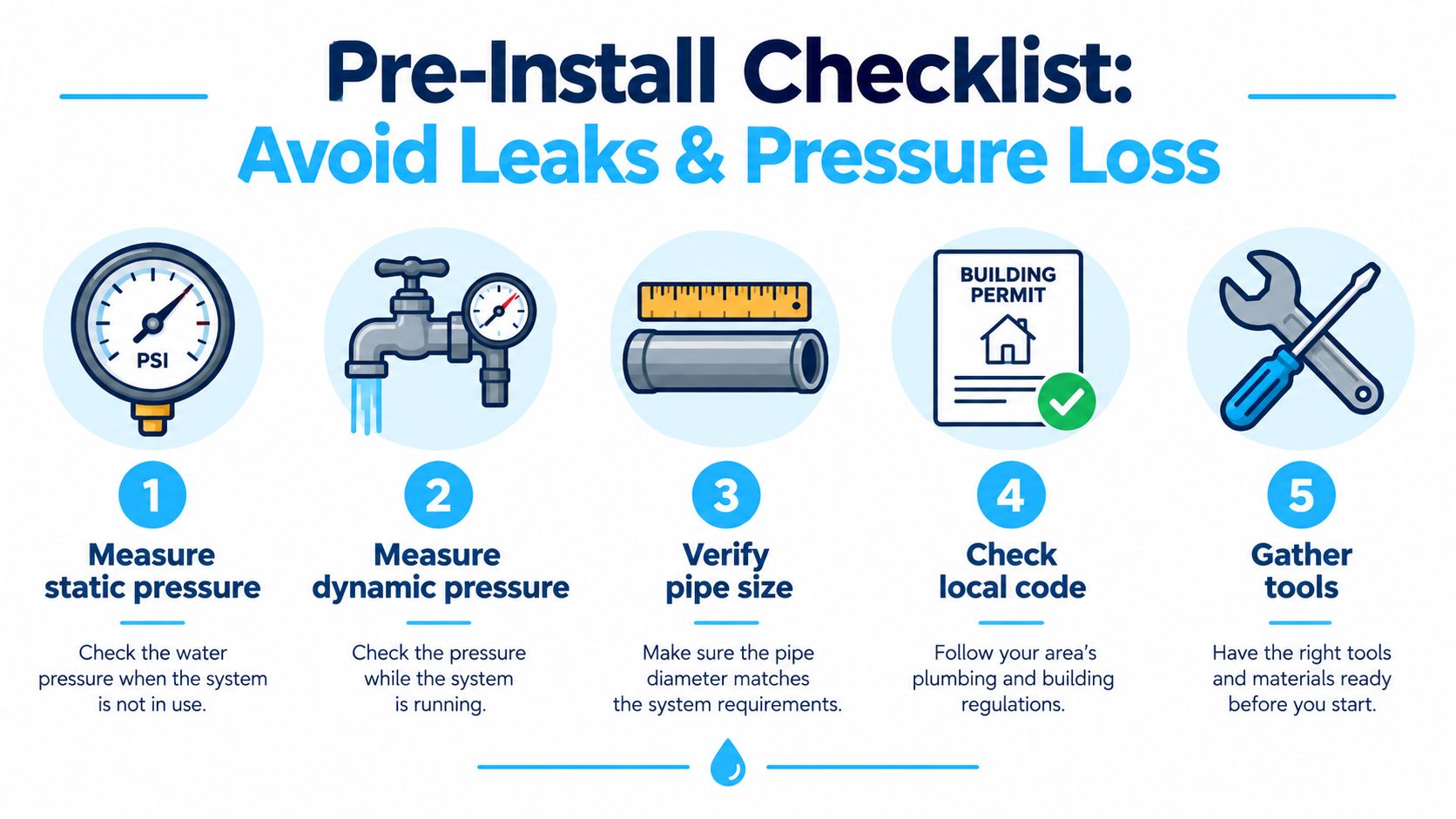 An infographic titled Pre-Install Checklist showing five steps to avoid leaks and pressure loss when installing plumbing systems.