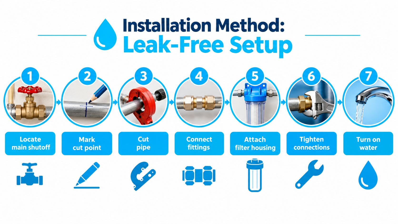 A seven-step instructional infographic showing how to install a home water filtration system on a pipe.