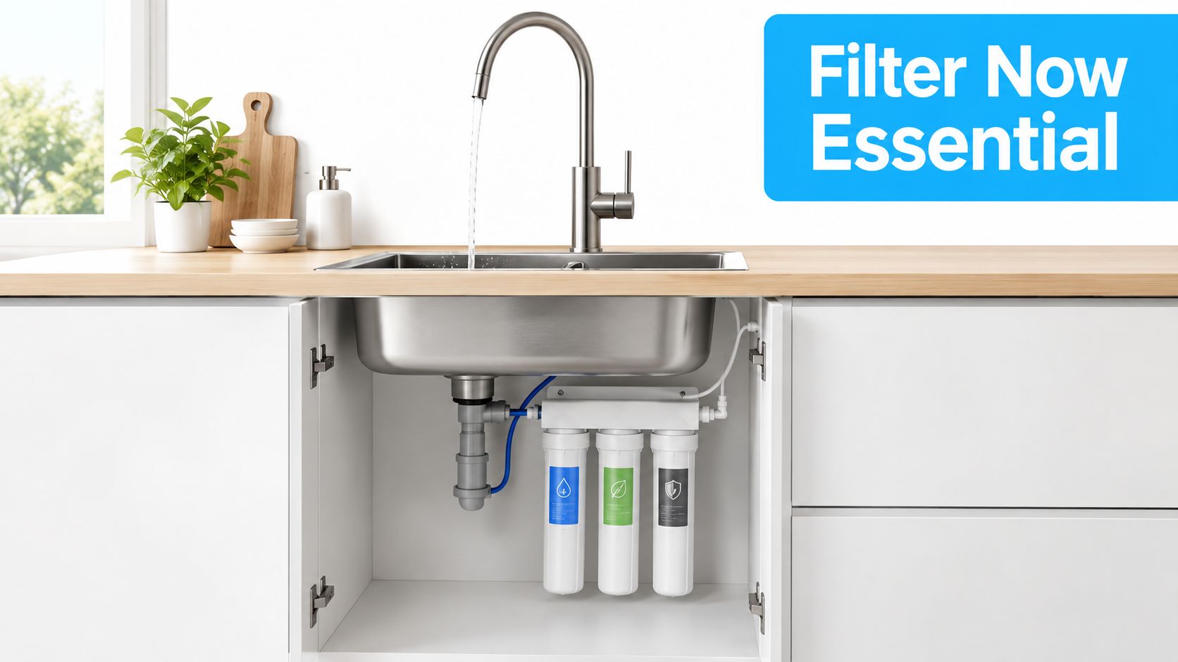 A modern kitchen sink cabinet featuring an under-sink water filtration system with three separate filter cartridges.