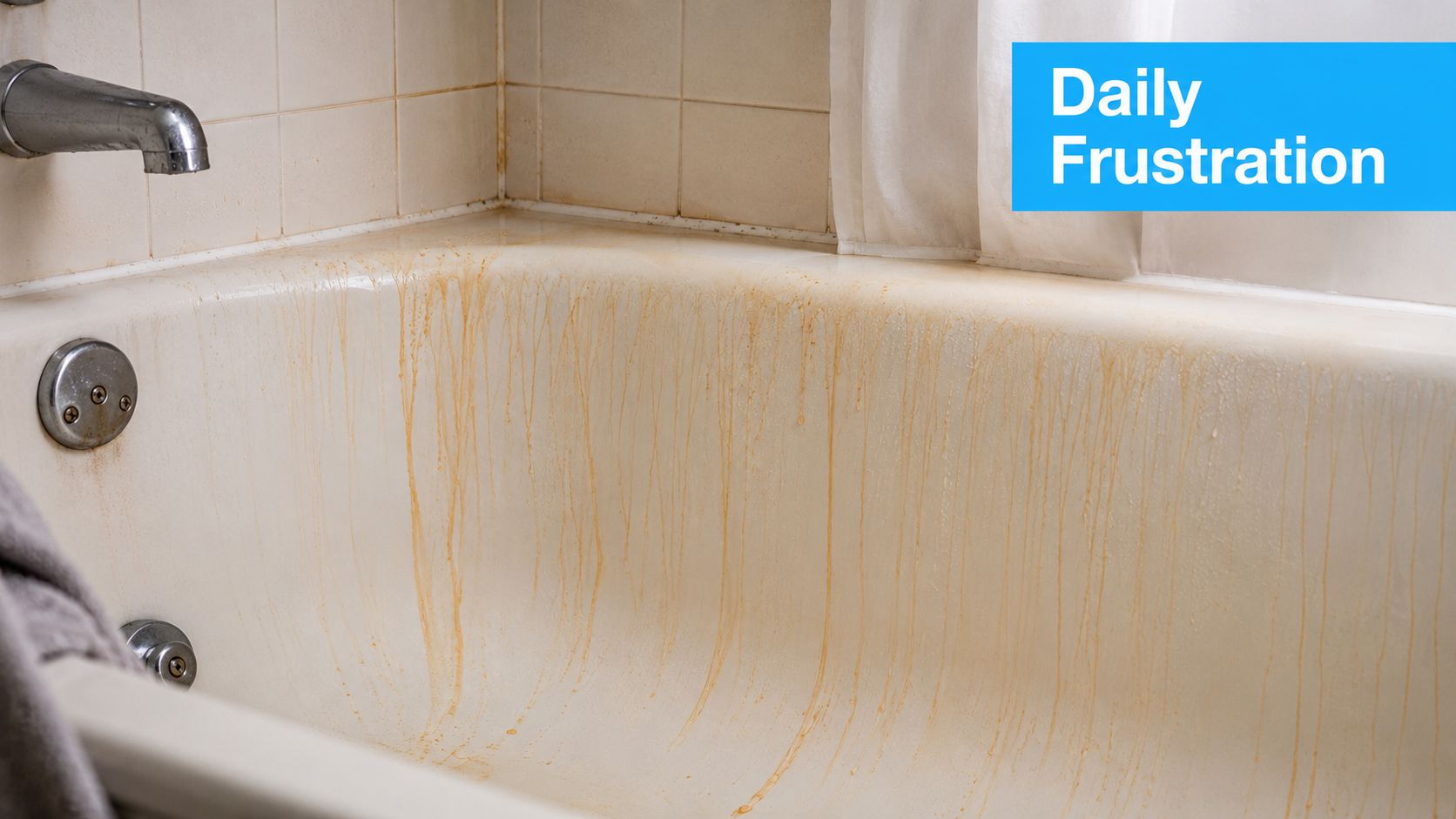 A stained, off-white bathtub with orange rust streaks running down the sides due to hard well water.