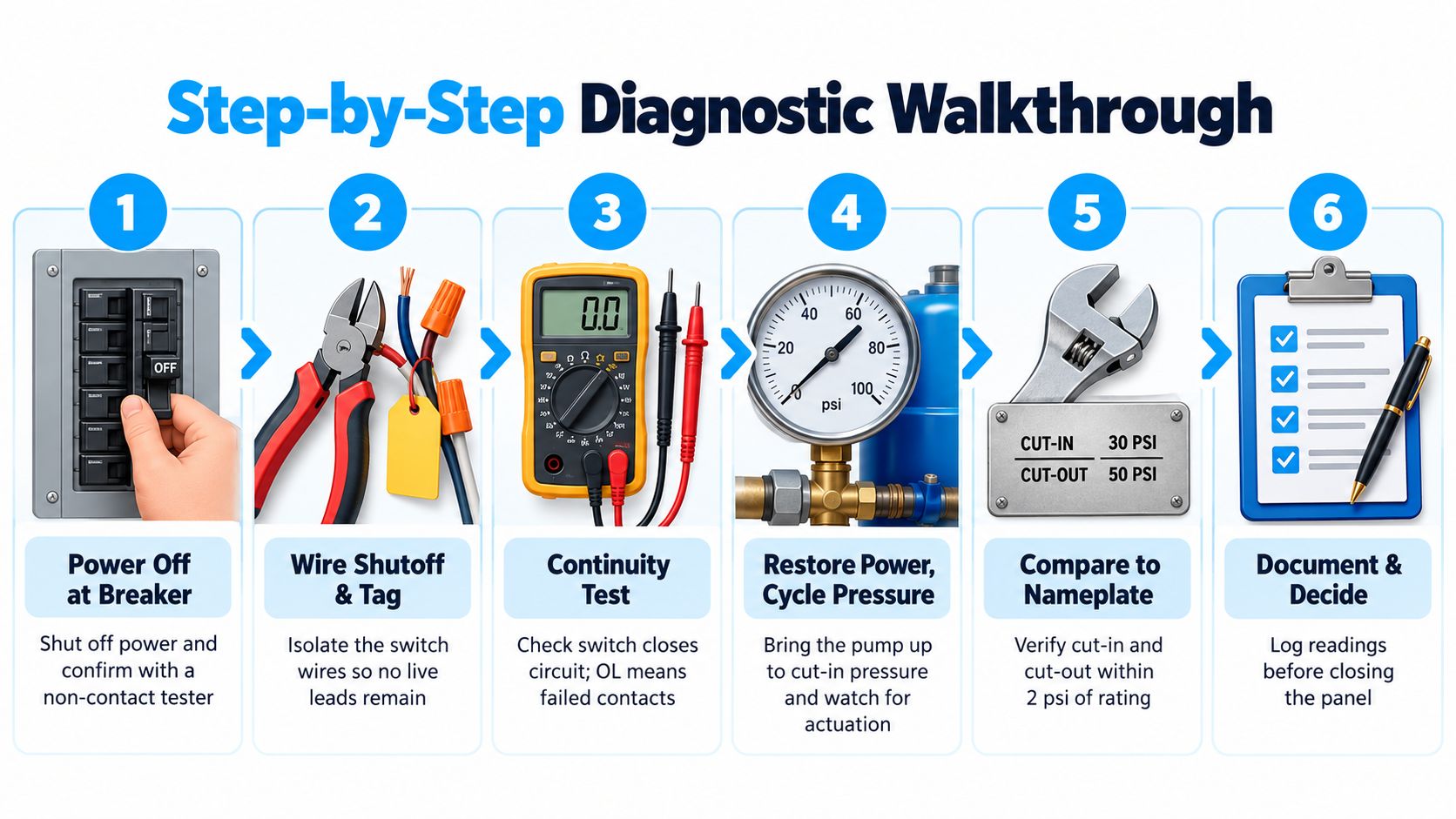 A six-step infographic illustrating the diagnostic procedure for troubleshooting a water pump pressure switch system.