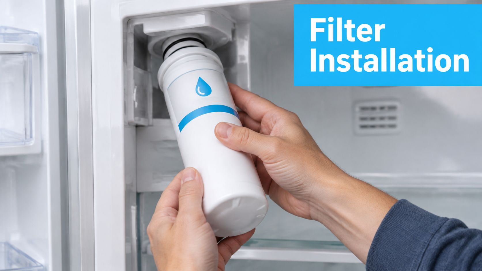 A person installing a new water filter into a refrigerator compartment to improve water quality.