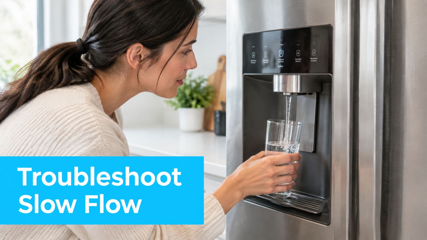 A young woman uses the water dispenser on a stainless steel refrigerator in a modern kitchen.