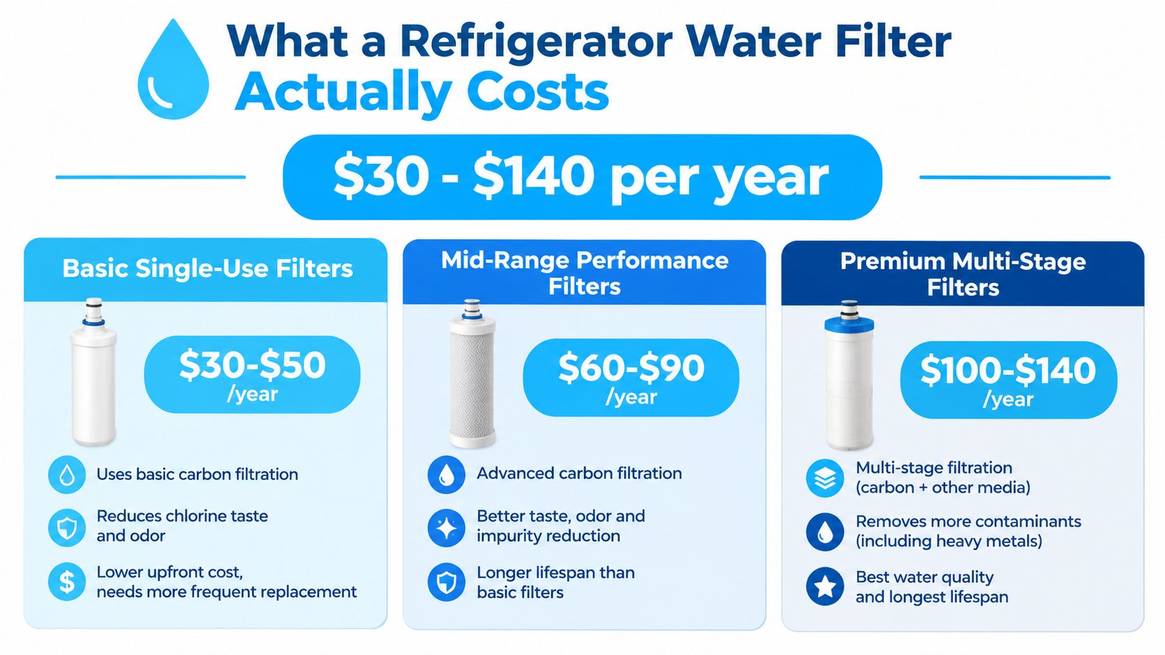 An infographic showing the annual cost ranges for basic, mid-range, and premium refrigerator water filter replacements.