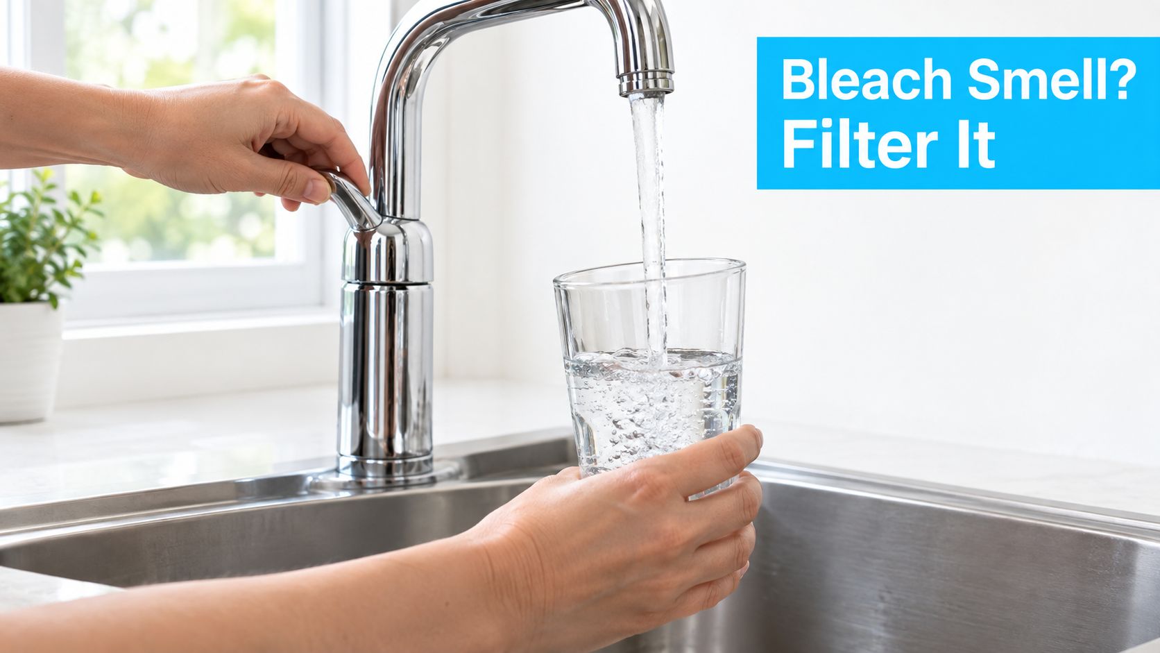 A person filling a clear glass with water from a stainless steel kitchen faucet.