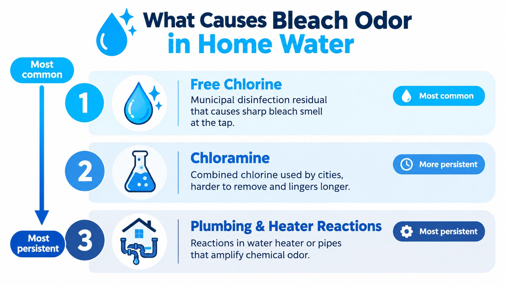 An infographic showing three main causes for bleach odor in home water, ordered by commonality and persistence.