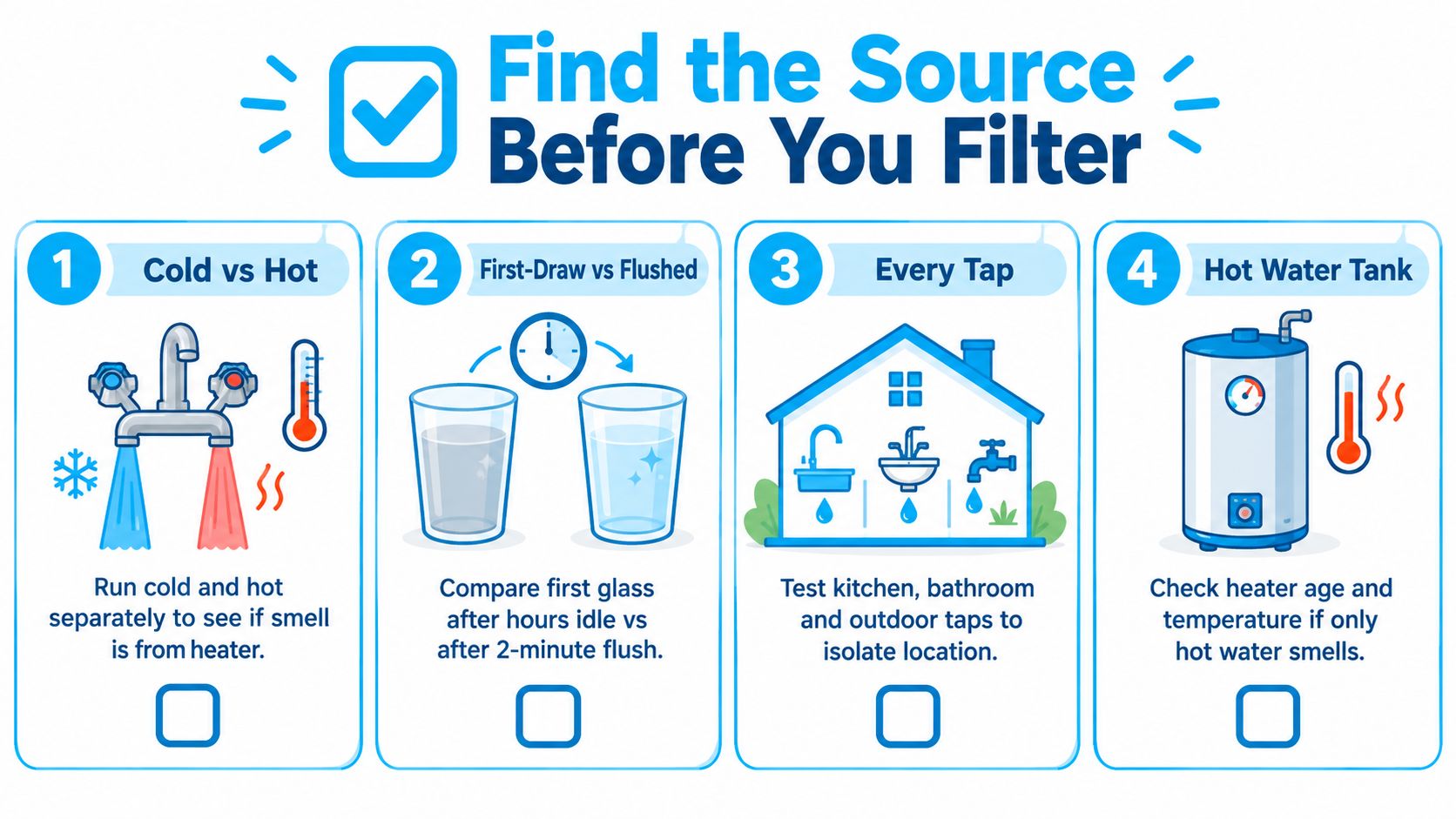 An infographic showing four steps to identify the source of water odor before installing a filter.
