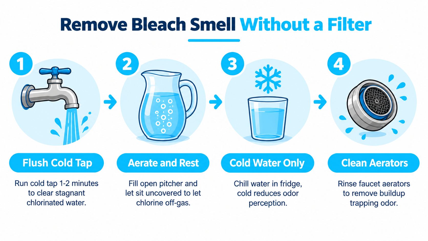 A four-step infographic showing how to remove bleach smell from tap water without using a filter.