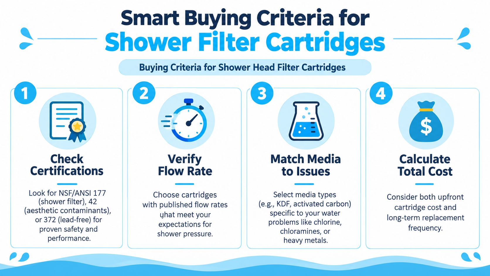 An infographic detailing four key buying criteria for selecting the best shower head filter cartridges for your home.