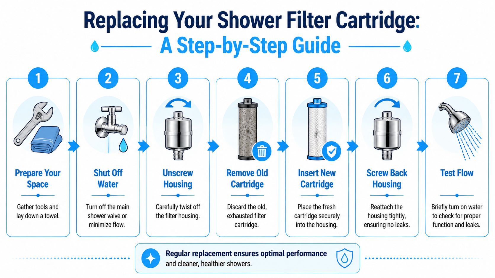 An instructional infographic detailing the seven-step process for replacing a shower head filter cartridge safely and effectively.