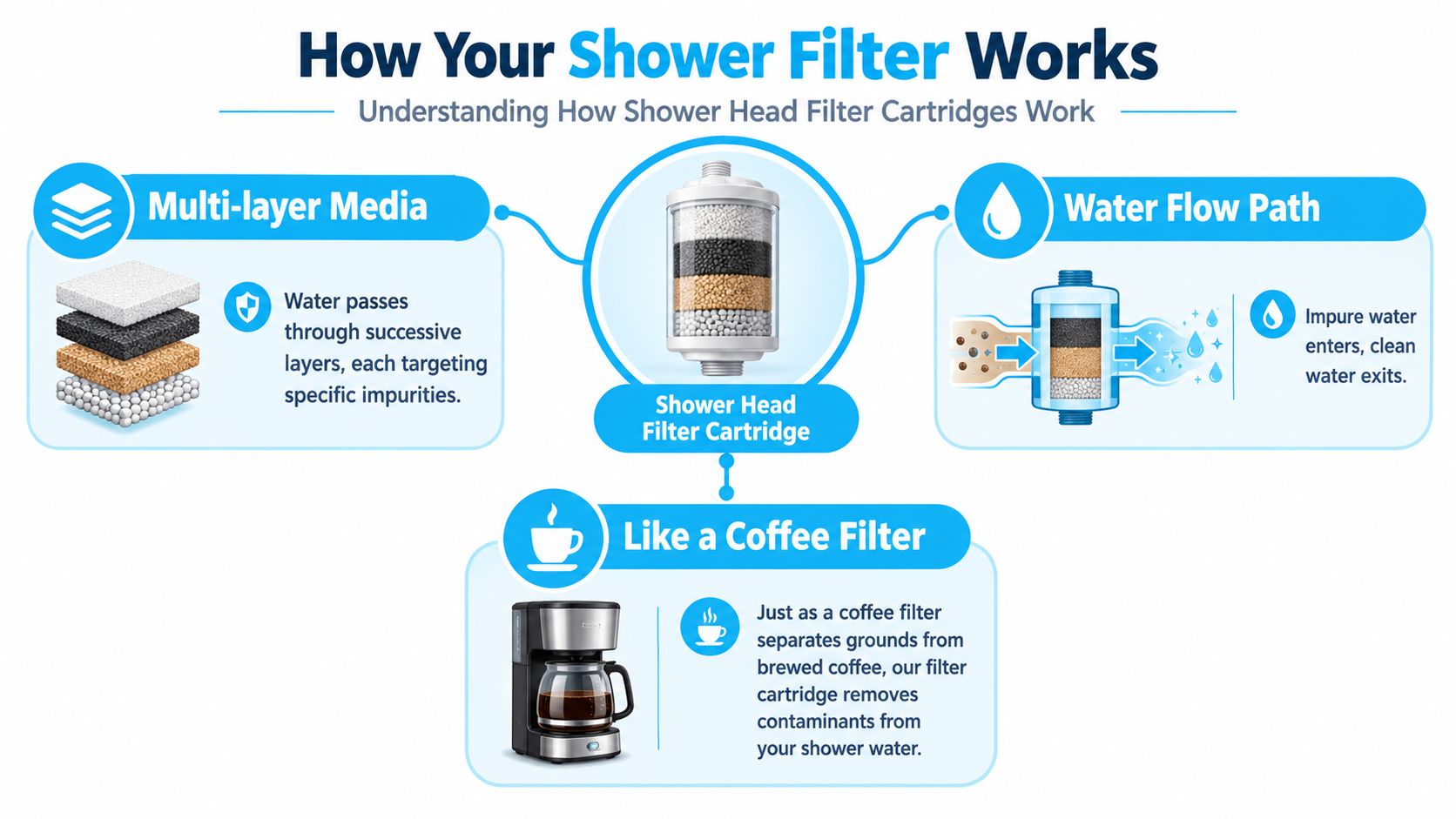 An infographic explaining how a multi-layer shower head filter cartridge cleans water, similar to a coffee filter process.