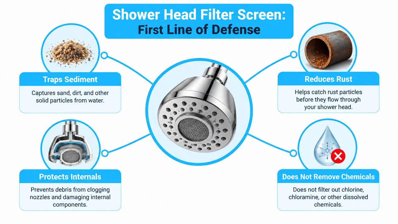 An infographic showing the protective functions of a shower head filter screen against sediment and rust.