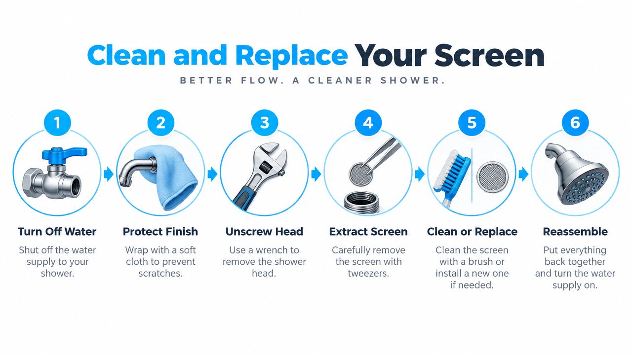 A step-by-step infographic showing how to clean or replace a shower head filter screen effectively.