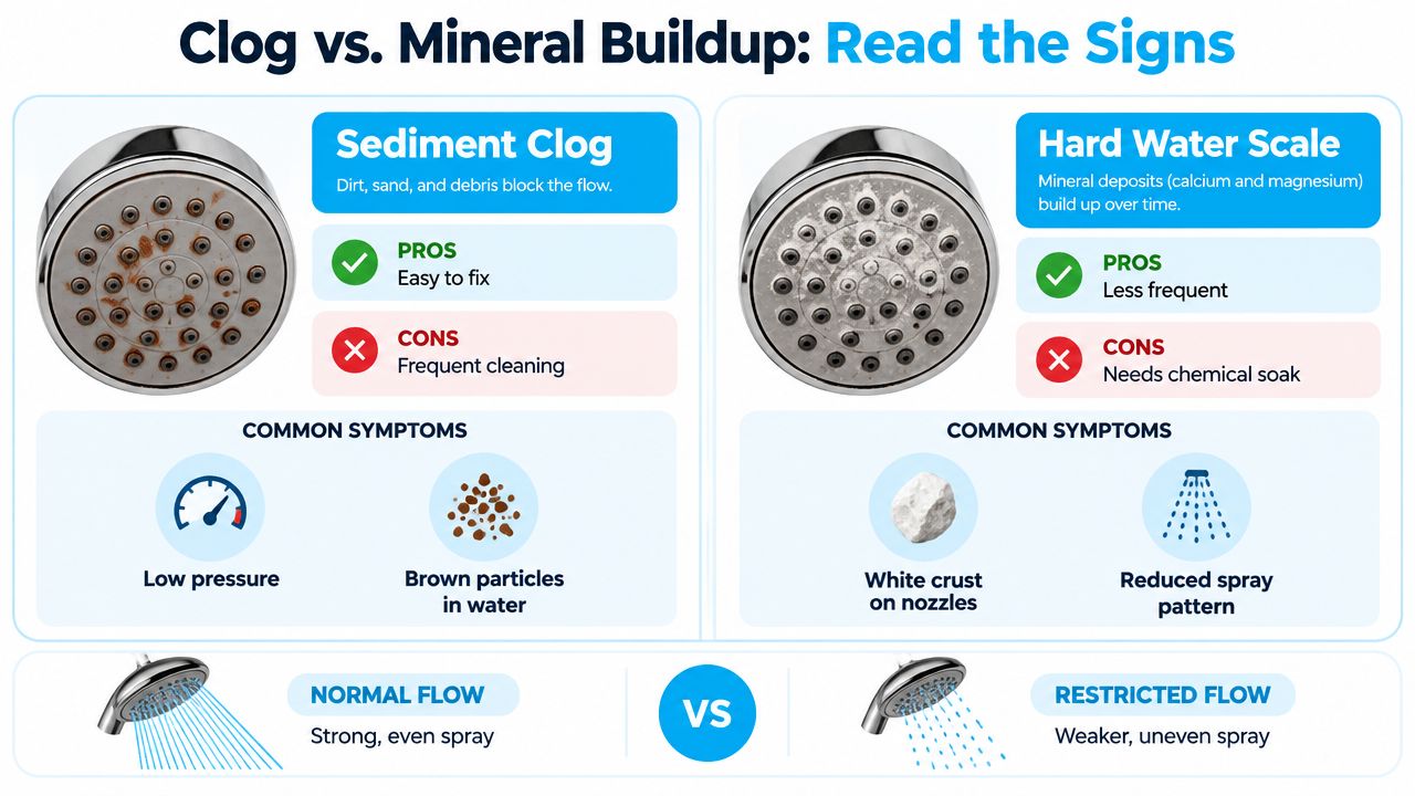 A comparison chart highlighting the differences between sediment clogs and hard water scale in shower heads.